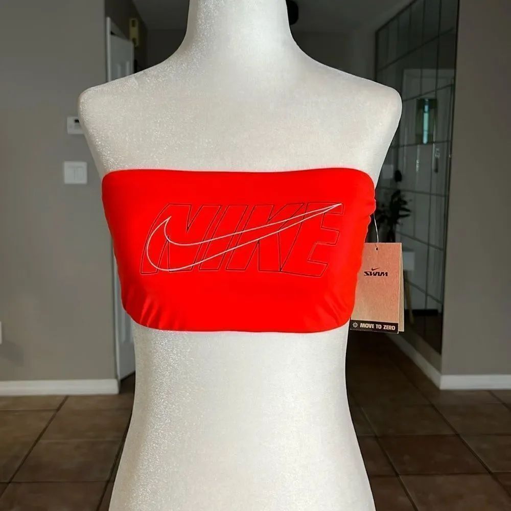 Nike Swim Women Multi Logo Neon Red Bikini Bandeau Top
